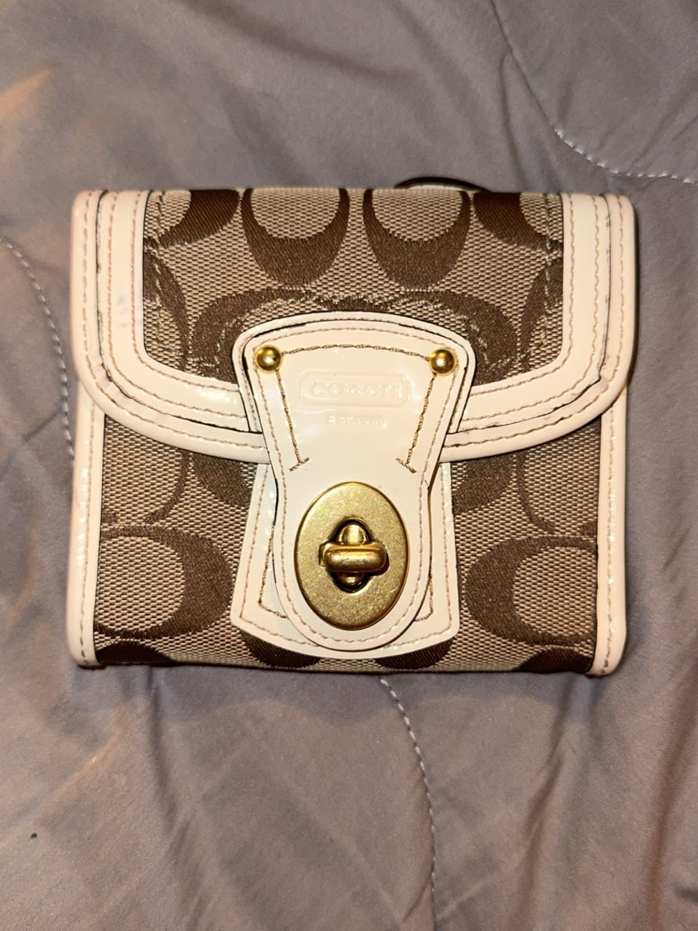 Coach Brown Signature Canvas Wallet with White Trim and Gold Hardware